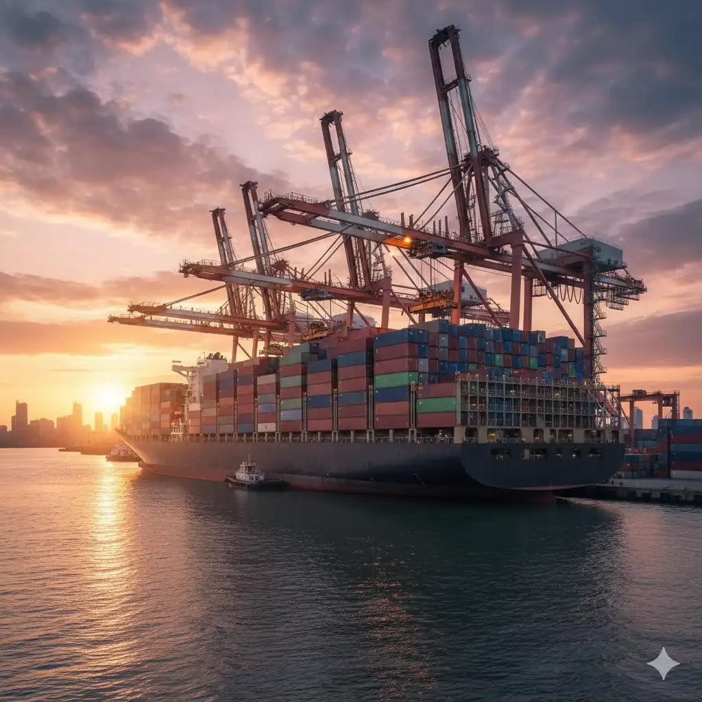 A large container ship being loaded at a port.