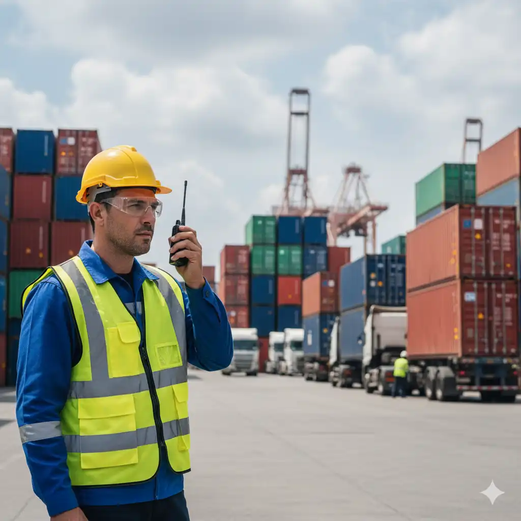A logistics worker with a radio overseeing container trucks.